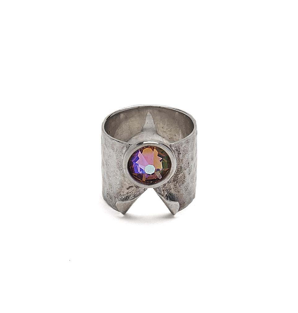 A stylish oxidized Sterling Silver Lapel Ring featuring a sparkling 6mm Swarovski crystal, elegantly presented in a KP pink jewelry box.