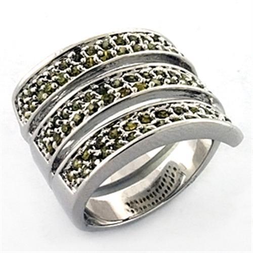 LOA706 Rhodium Brass Ring featuring AAA Grade CZ stone in olivine color, showcasing its elegant design and shine.