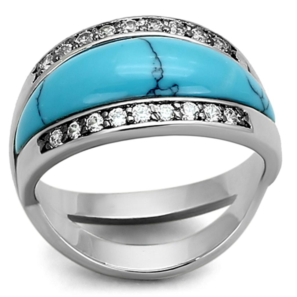 LOA882 Rhodium Brass Ring featuring a vibrant synthetic turquoise stone in sea blue, elegantly designed for stylish wear.