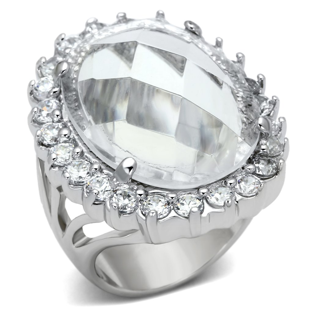 LOA836 Rhodium Brass Ring featuring a clear synthetic glass stone, elegantly designed with a polished finish.