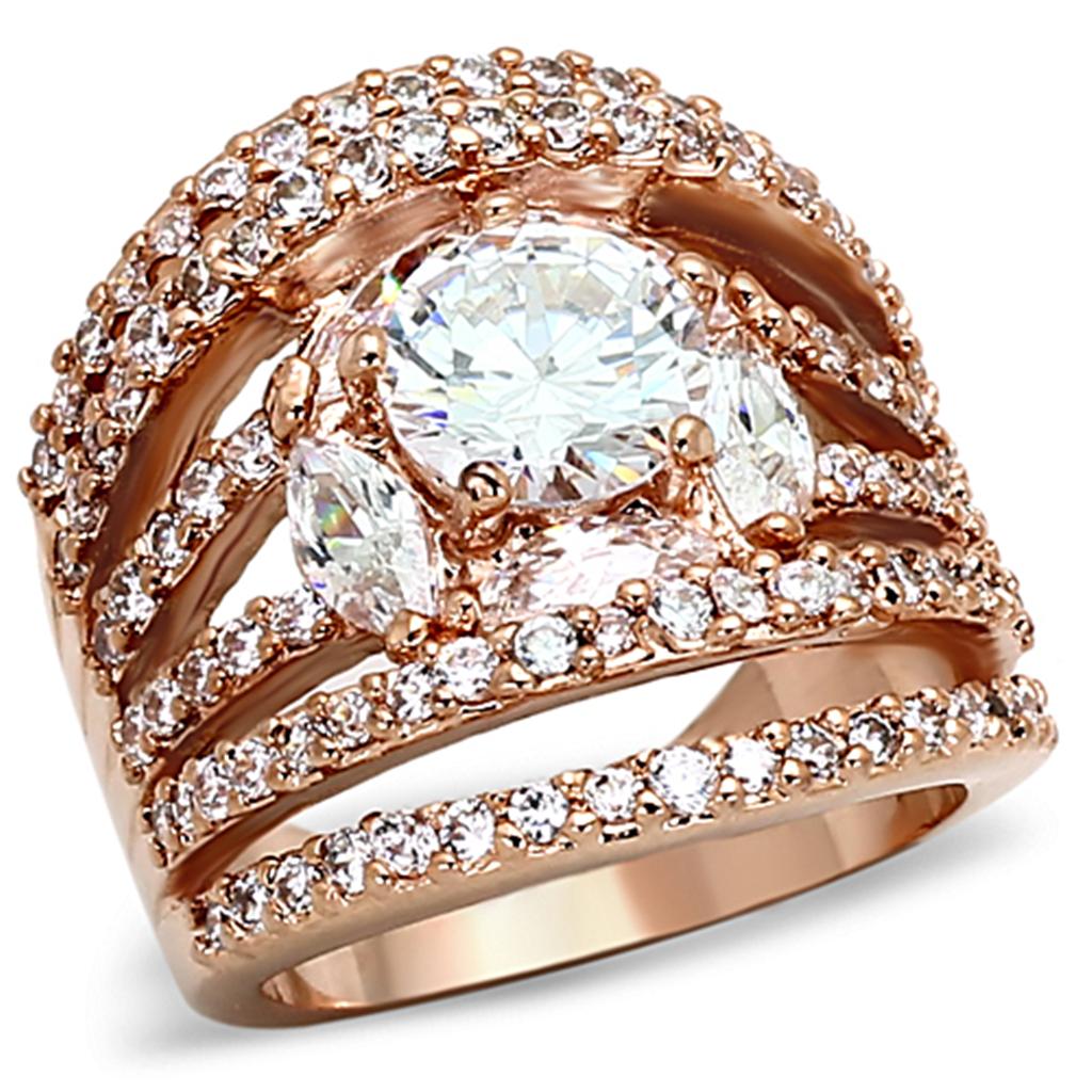 LOA879 Rose Gold Brass Ring featuring a clear AAA Grade CZ stone, showcasing its elegant design and luxurious finish.