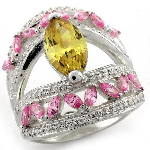 LOAS1101 High-Polished 925 Sterling Silver Ring featuring AAA Grade CZ stones in citrine color, showcasing a shiny and elegant design.