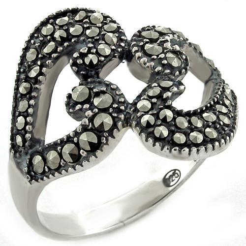 LOAS1010 High-Polished 925 Sterling Silver Ring featuring synthetic marcasite stones in jet black color.