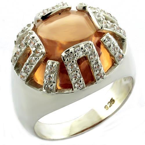 LOAS1039 Rhodium 925 Sterling Silver Ring featuring AAA Grade Champagne CZ, showcasing its elegant design and shine.