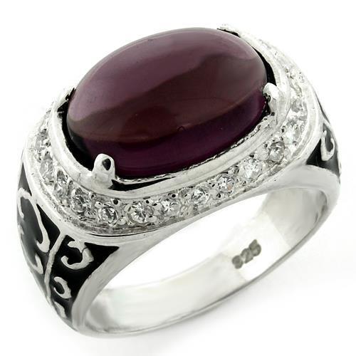 LOAS1148 High-Polished 925 Sterling Silver Ring featuring an amethyst glass bead, showcasing its elegant design and shiny finish.