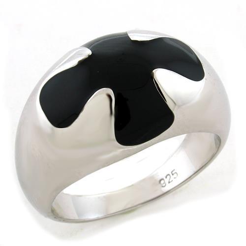 LOAS1169 Rhodium 925 Sterling Silver Ring featuring a jet epoxy stone, showcasing its elegant design and shiny finish.