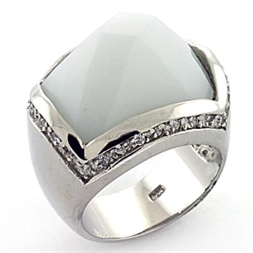 LOAS770 Rhodium 925 Sterling Silver Ring featuring a white synthetic glass stone, elegantly designed for any occasion.