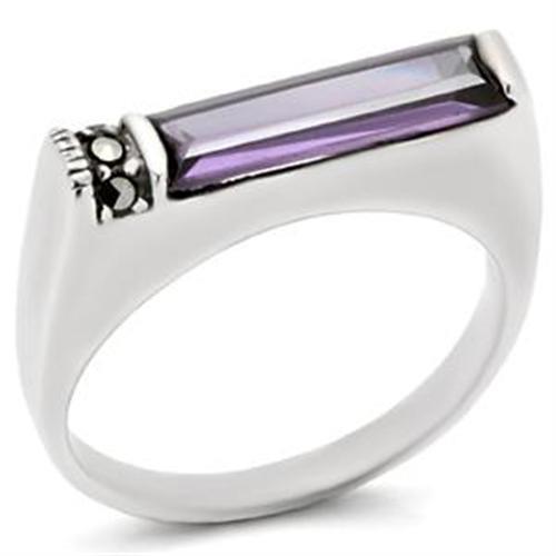 LOAS726 Antique Tone 925 Sterling Silver Ring featuring AAA Grade CZ stones in Amethyst color, showcasing intricate design and vintage appeal.