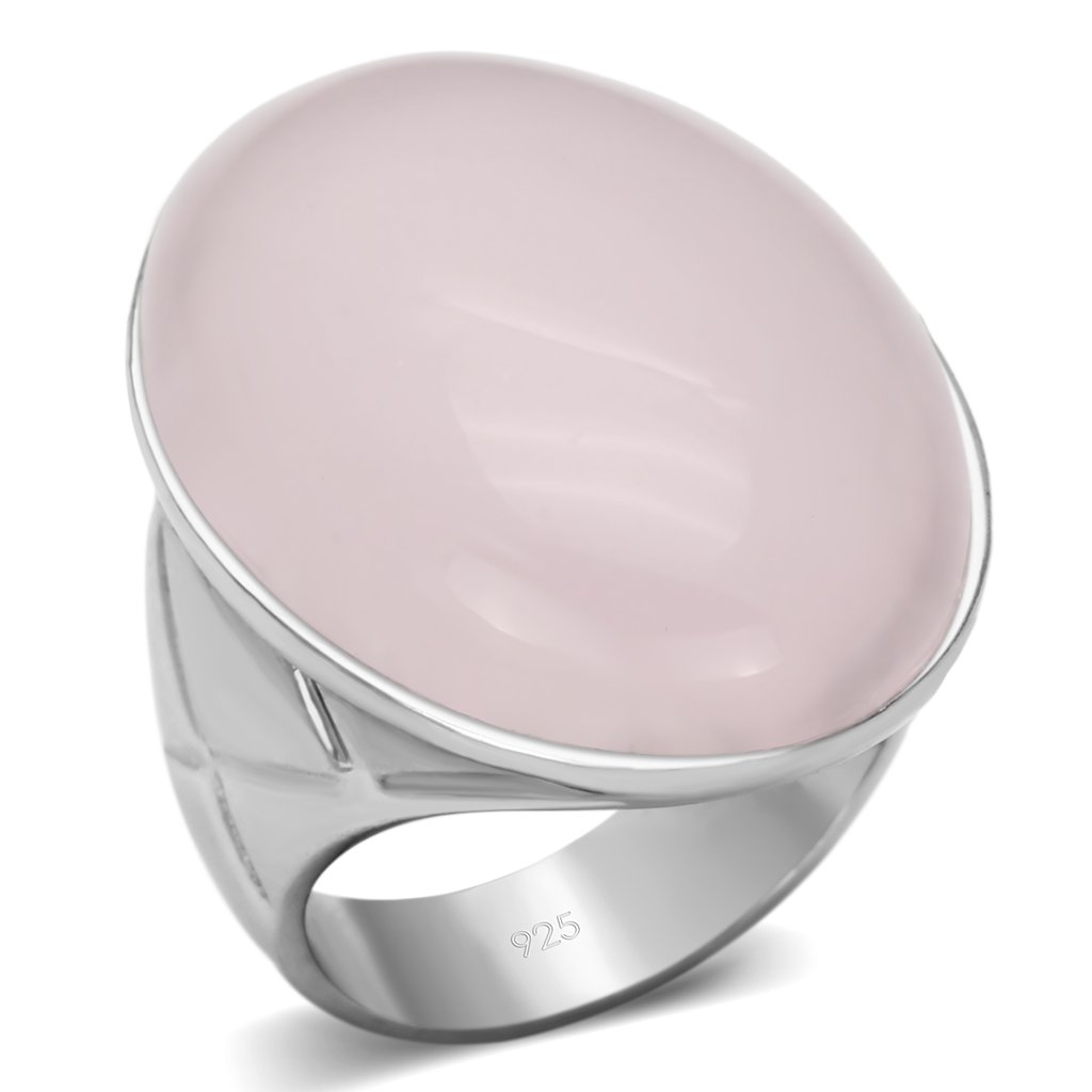 LOAS865 Rhodium 925 Sterling Silver Ring featuring a light rose pink crystal, showcasing its elegant design and shiny finish.