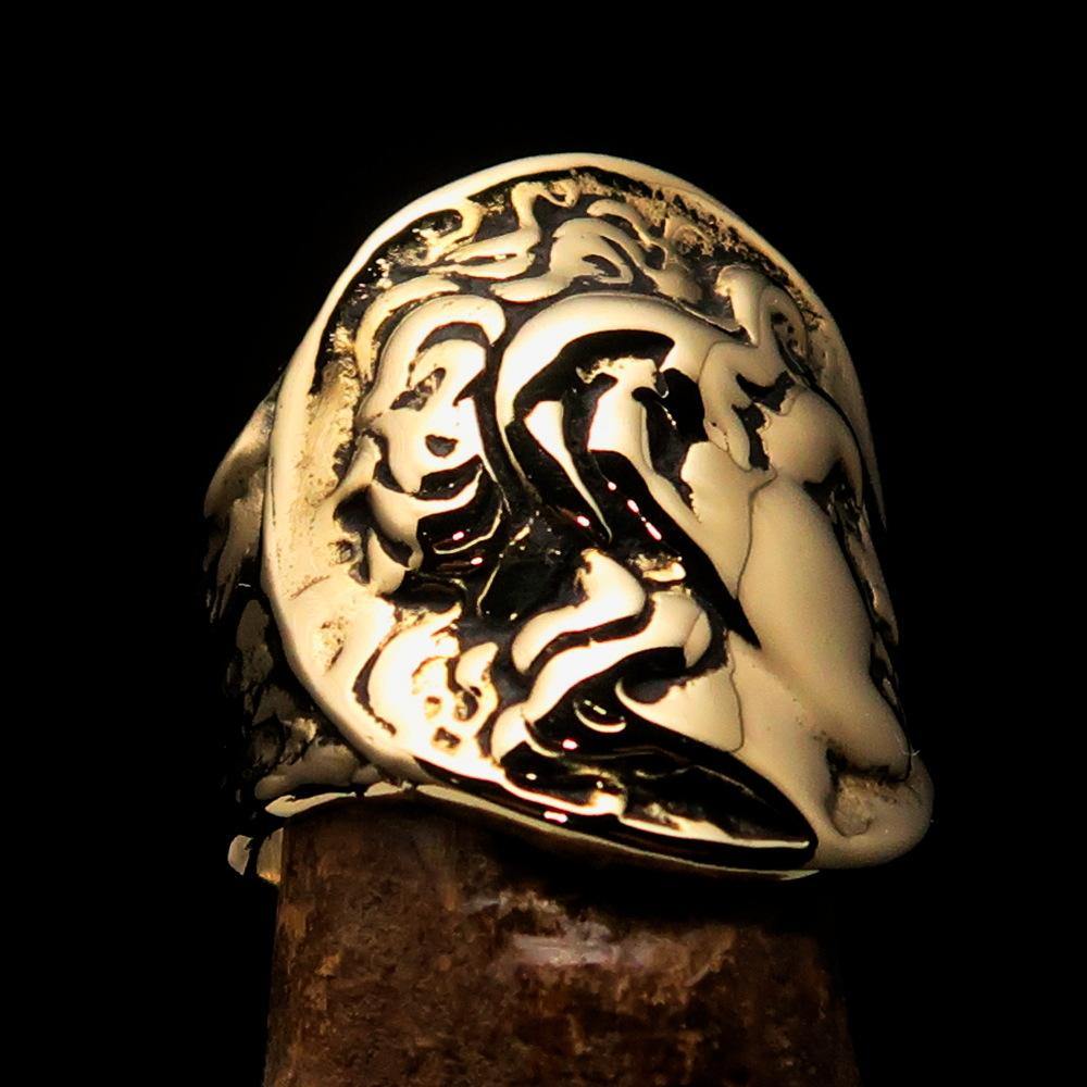 Men's Alexander the Great Tetradrachm Coin Ring made of solid brass with a mirror-polished finish, showcasing its intricate design.