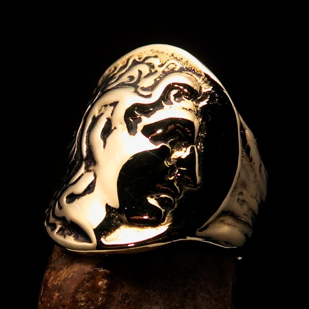 Men's Alexander the Great Tetradrachm Coin Ring made of solid brass with a mirror-polished finish, showcasing its intricate design.