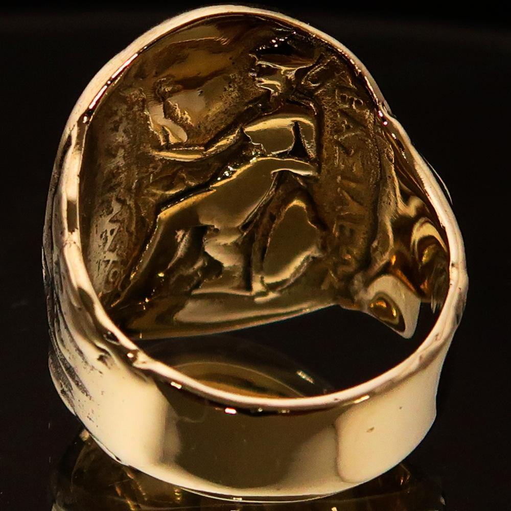 Men's Alexander the Great Tetradrachm Coin Ring made of solid brass with a mirror-polished finish, showcasing its intricate design.