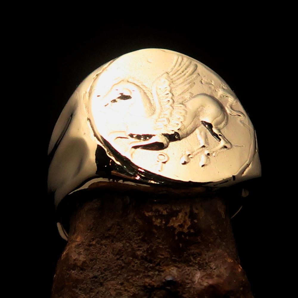 Men's ancient Corinthian Pegasus Coin Ring featuring Greek Goddess Athena, crafted from solid brass with a high polished finish.