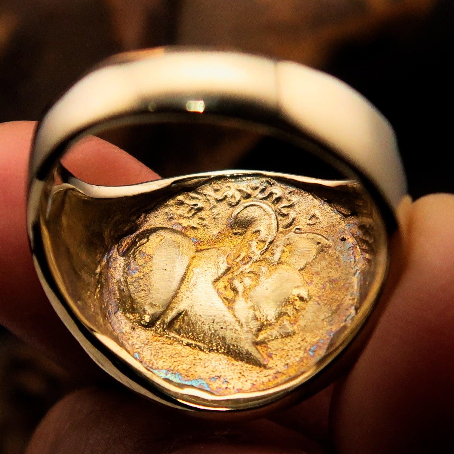 Men's ancient Corinthian Pegasus Coin Ring featuring Greek Goddess Athena, crafted from solid brass with a high polished finish.