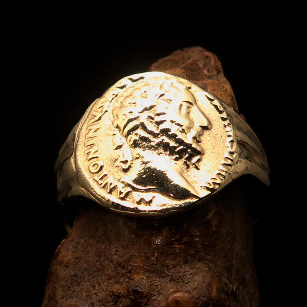 Men's ancient Roman coin ring made of solid brass, featuring a high polished finish and engraved RCRN logo.