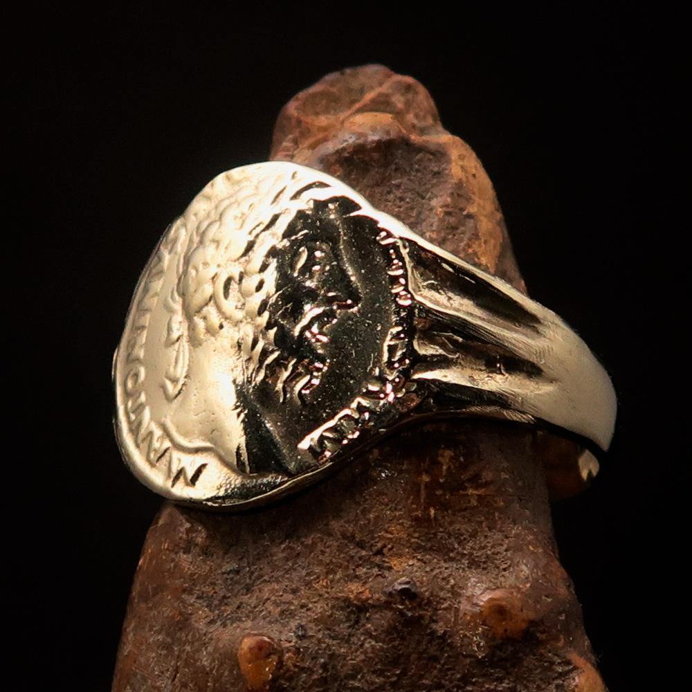 Men's ancient Roman coin ring made of solid brass, featuring a high polished finish and engraved RCRN logo.