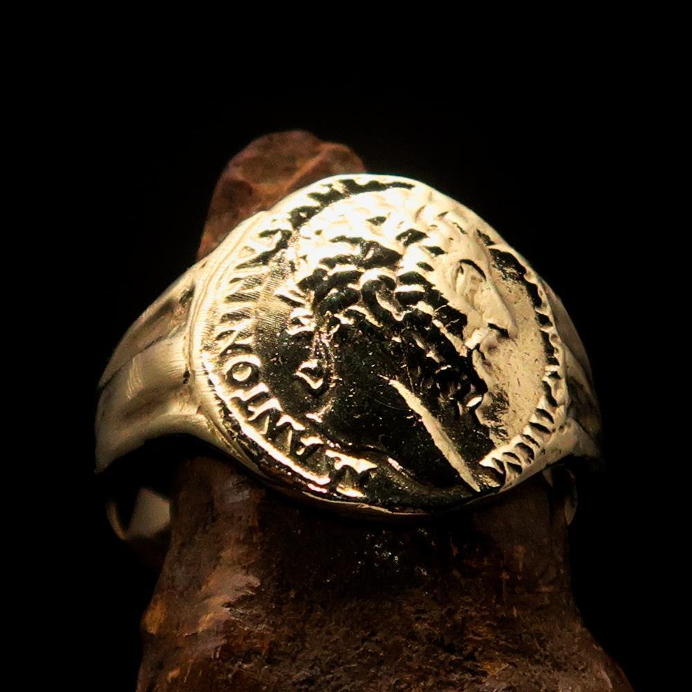 Men's ancient Roman coin ring made of solid brass, featuring a high polished finish and engraved RCRN logo.