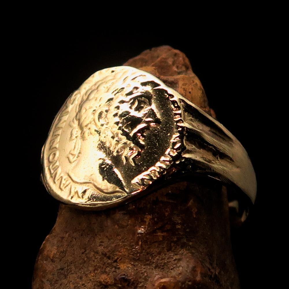 Men's ancient Roman coin ring made of solid brass, featuring a high polished finish and engraved RCRN logo.