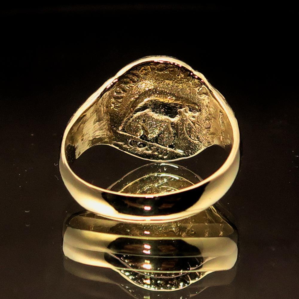 Men's ancient Roman coin ring made of solid brass, featuring a high polished finish and engraved RCRN logo.