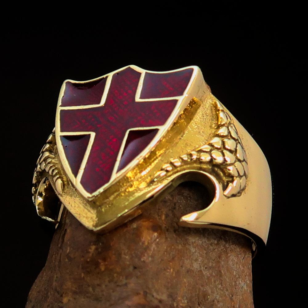 Men's Brass Shield Ring featuring the Flag of England with a red cross design and high polished finish.