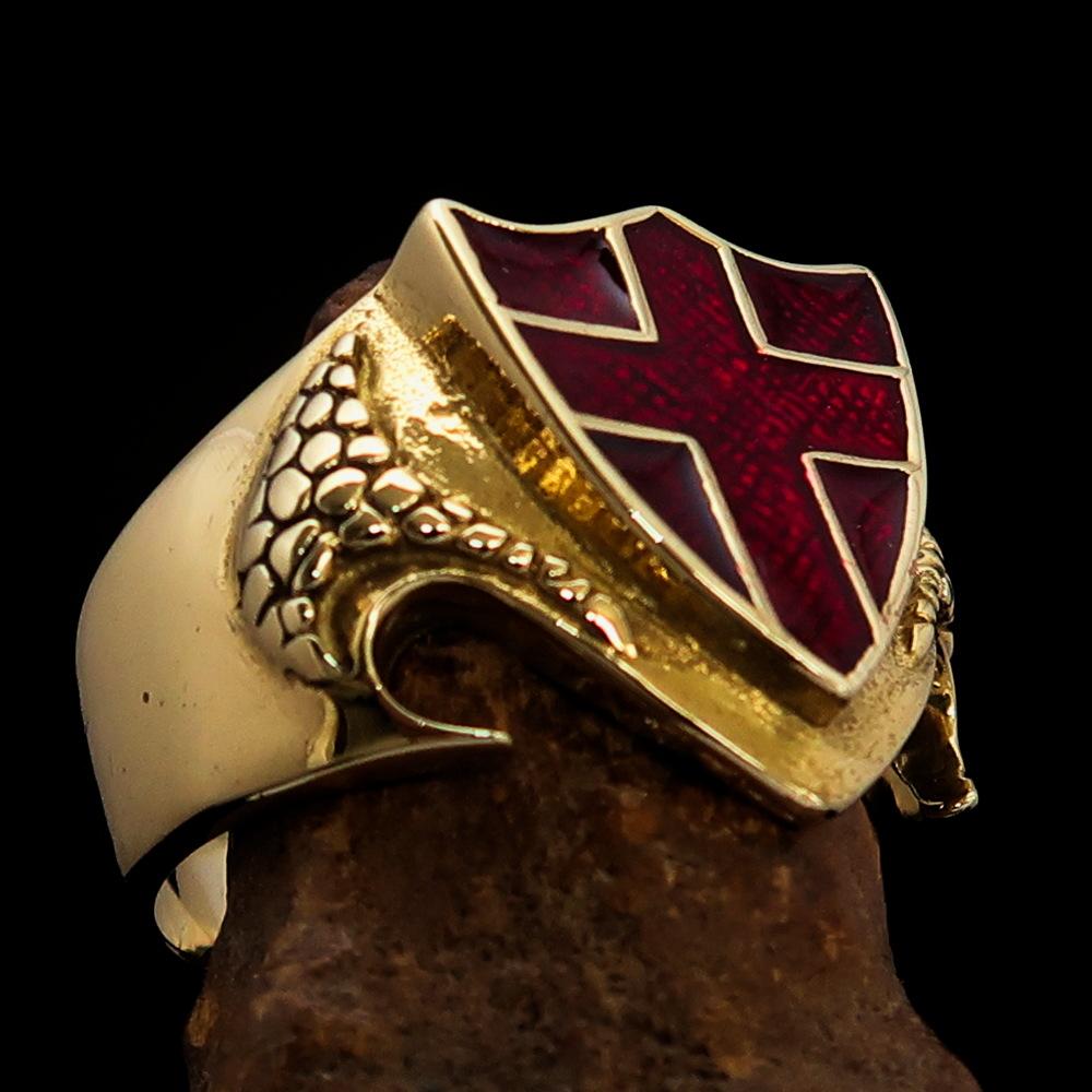 Men's Brass Shield Ring featuring the Flag of England with a red cross design and high polished finish.