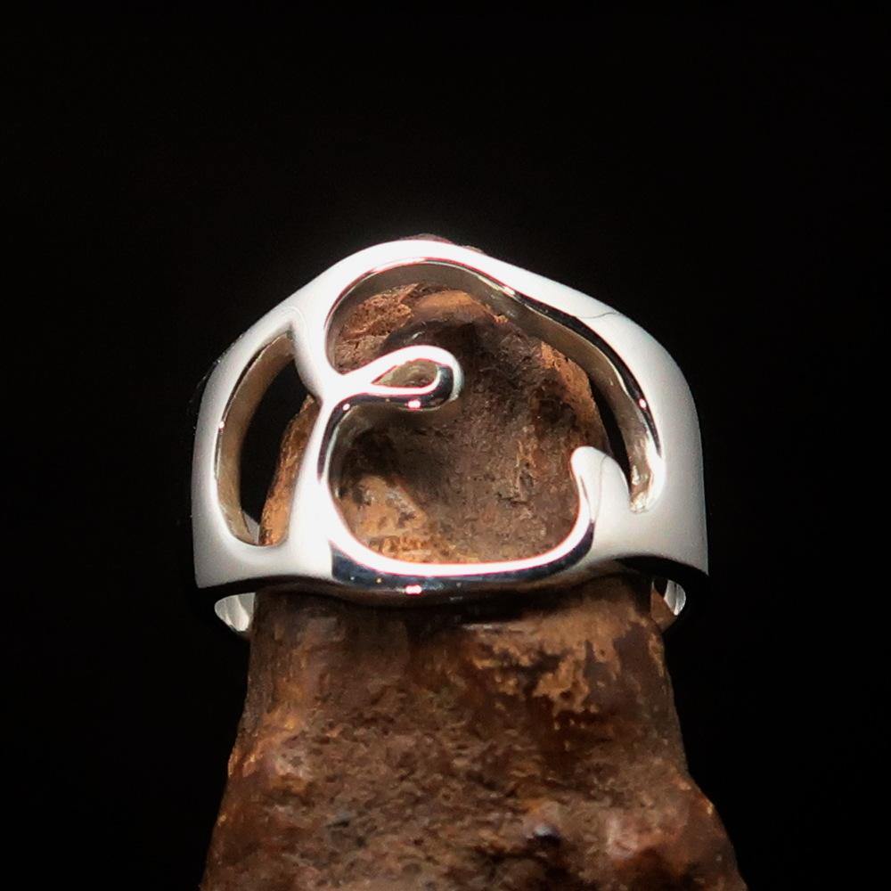 Men's sterling silver ring featuring the Greek letter Epsilon, high polished finish, and hallmarked 925 for authenticity.