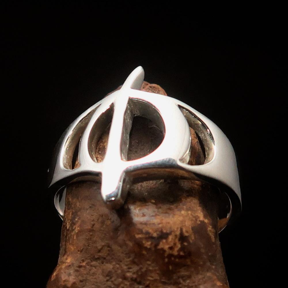 Men's sterling silver ring featuring the Greek letter Phi, high polished finish, and hallmarked 925 for authenticity.