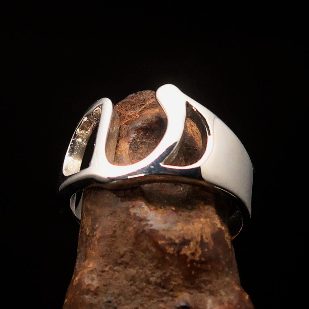 Men's sterling silver ring featuring the Greek letter Upsilon, high polished finish, and hallmarked 925 for authenticity.