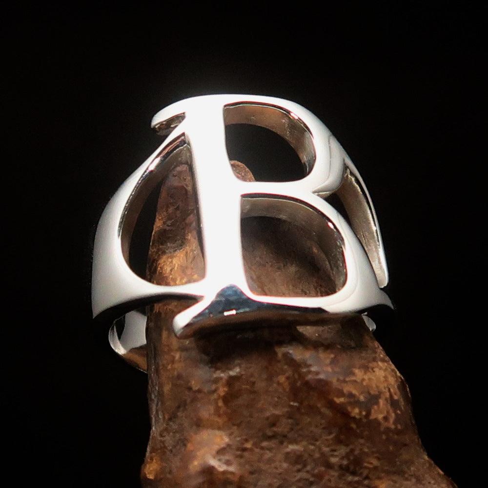 Men's Greek upper case Capital Letter Initial Ring Beta made of high polished sterling silver, showcasing the Greek letter Beta.