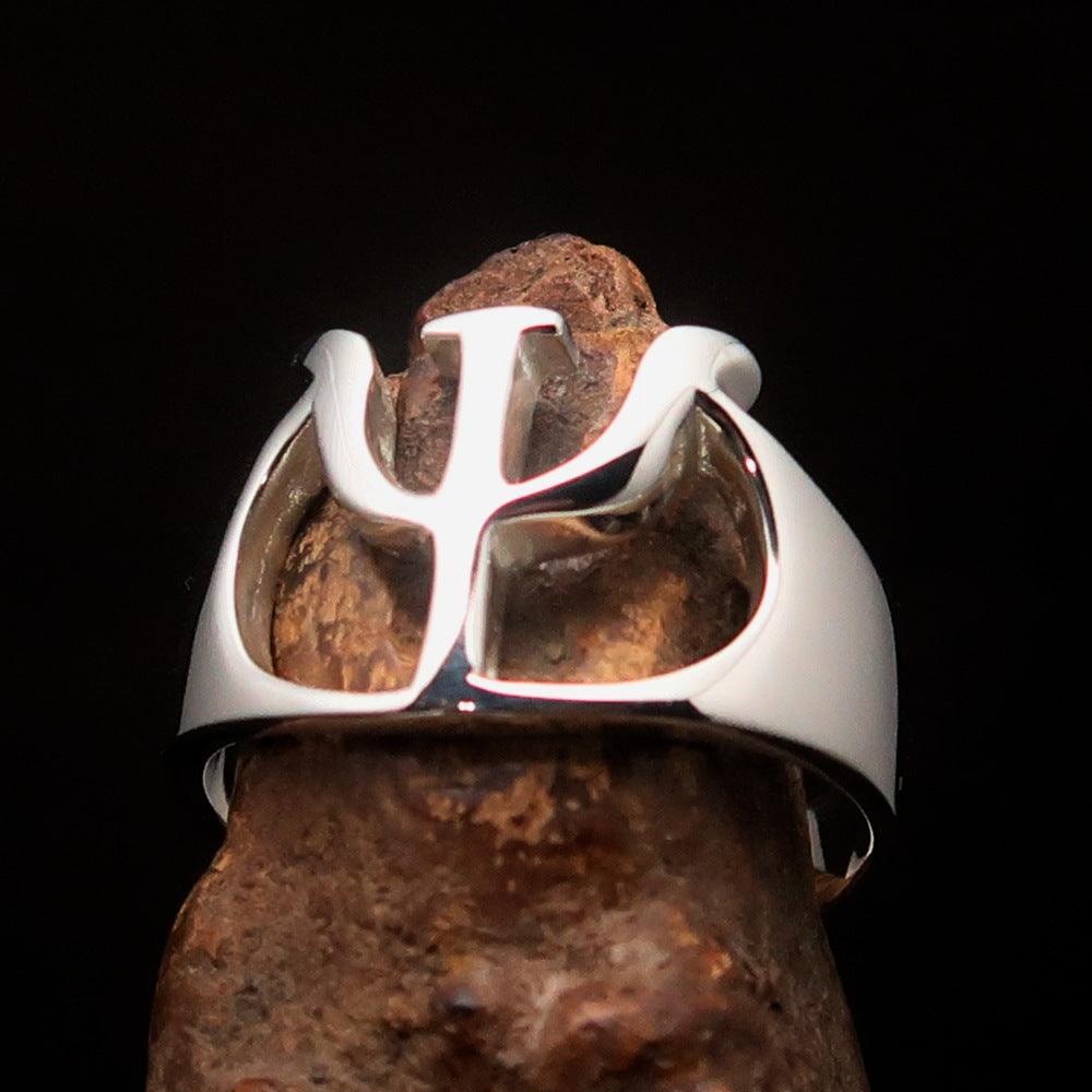 Men's Greek Initial Ring Psi in high polished sterling silver, showcasing the capital letter design and hallmark 925.