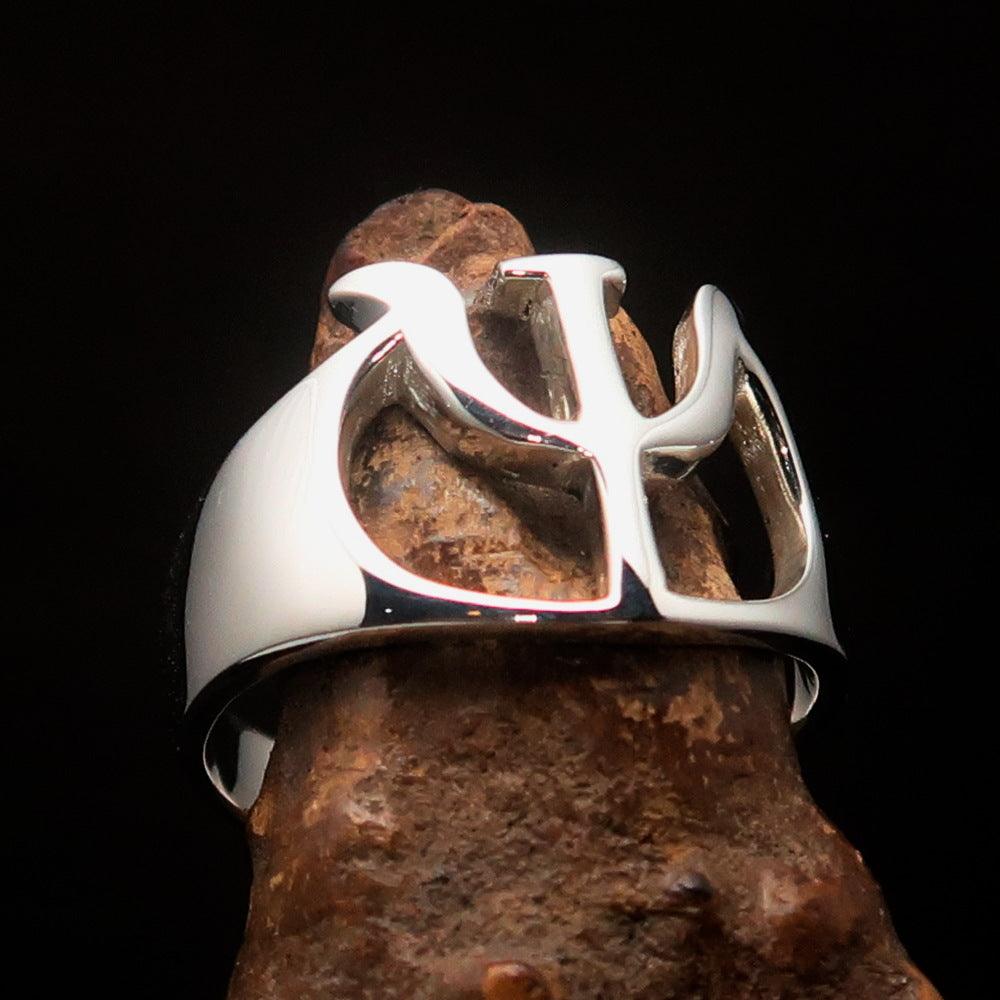 Men's Greek Initial Ring Psi in high polished sterling silver, showcasing the capital letter design and hallmark 925.