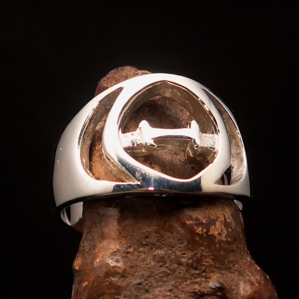 Men's sterling silver ring featuring Greek letter Theta in high polish finish.