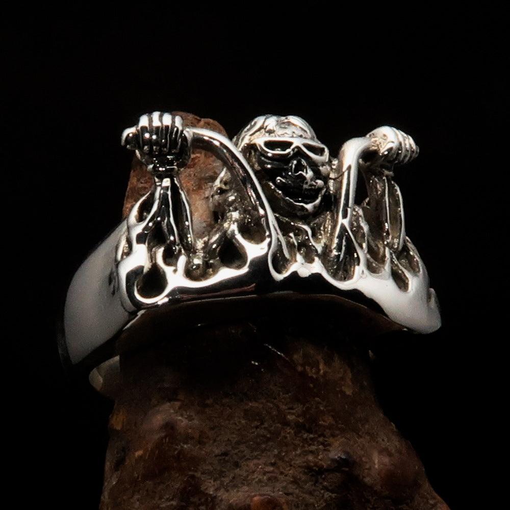 Men's Outlaw Ring made of antiqued Sterling Silver, featuring a bold biker design with polished accents.