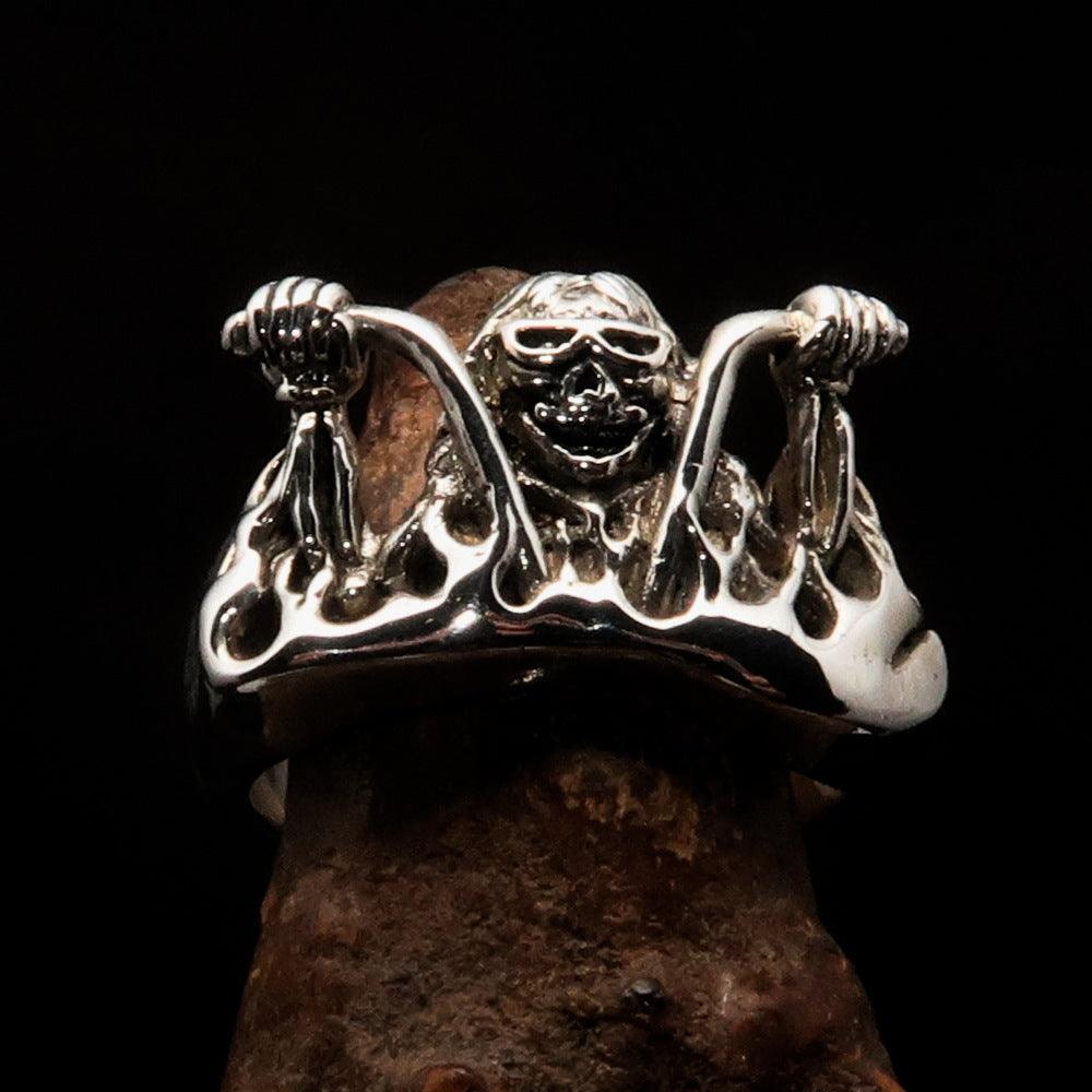 Men's Outlaw Ring made of antiqued Sterling Silver, featuring a bold biker design with polished accents.