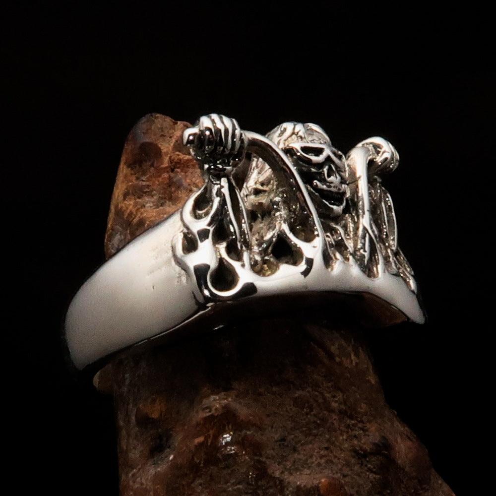 Men's Outlaw Ring made of antiqued Sterling Silver, featuring a bold biker design with polished accents.