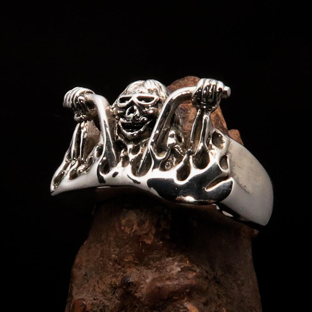 Men's Outlaw Ring made of antiqued Sterling Silver, featuring a bold biker design with polished accents.