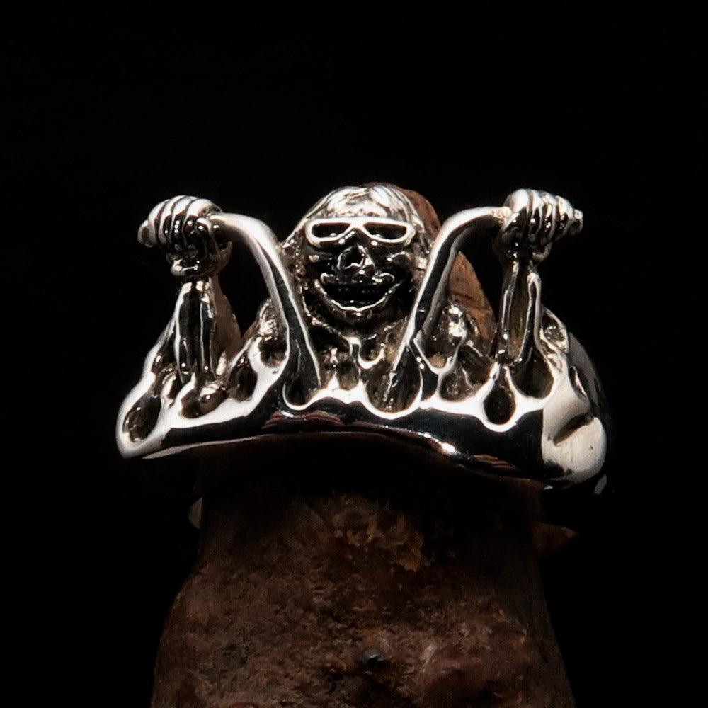 Men's Outlaw Ring made of antiqued Sterling Silver, featuring a bold biker design with polished accents.