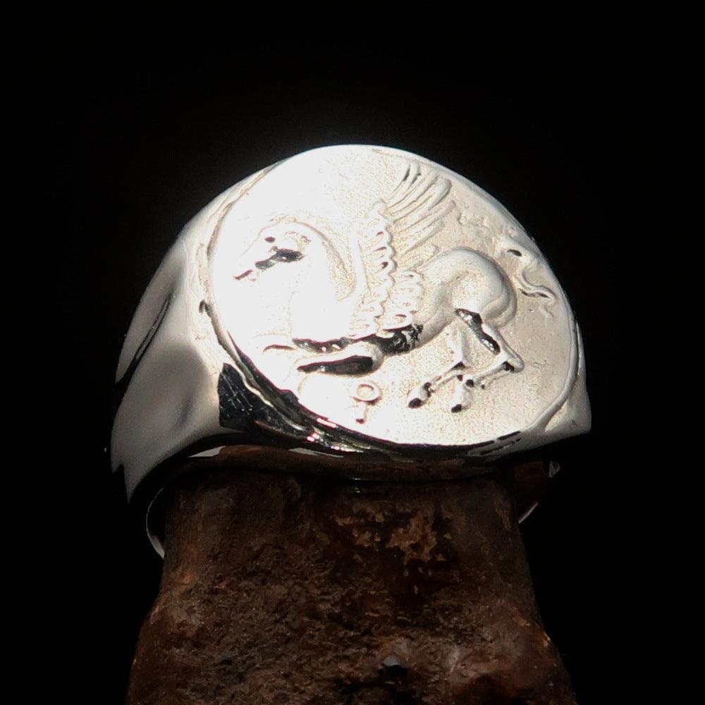 Men's Sterling Silver Corinthian Pegasus Coin Ring featuring a high-polished finish and engraved RCRN logo.