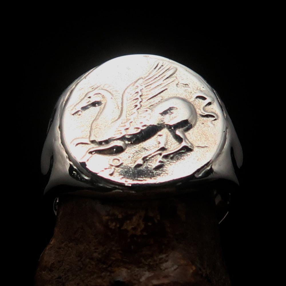 Men's Sterling Silver Corinthian Pegasus Coin Ring featuring a high-polished finish and engraved RCRN logo.