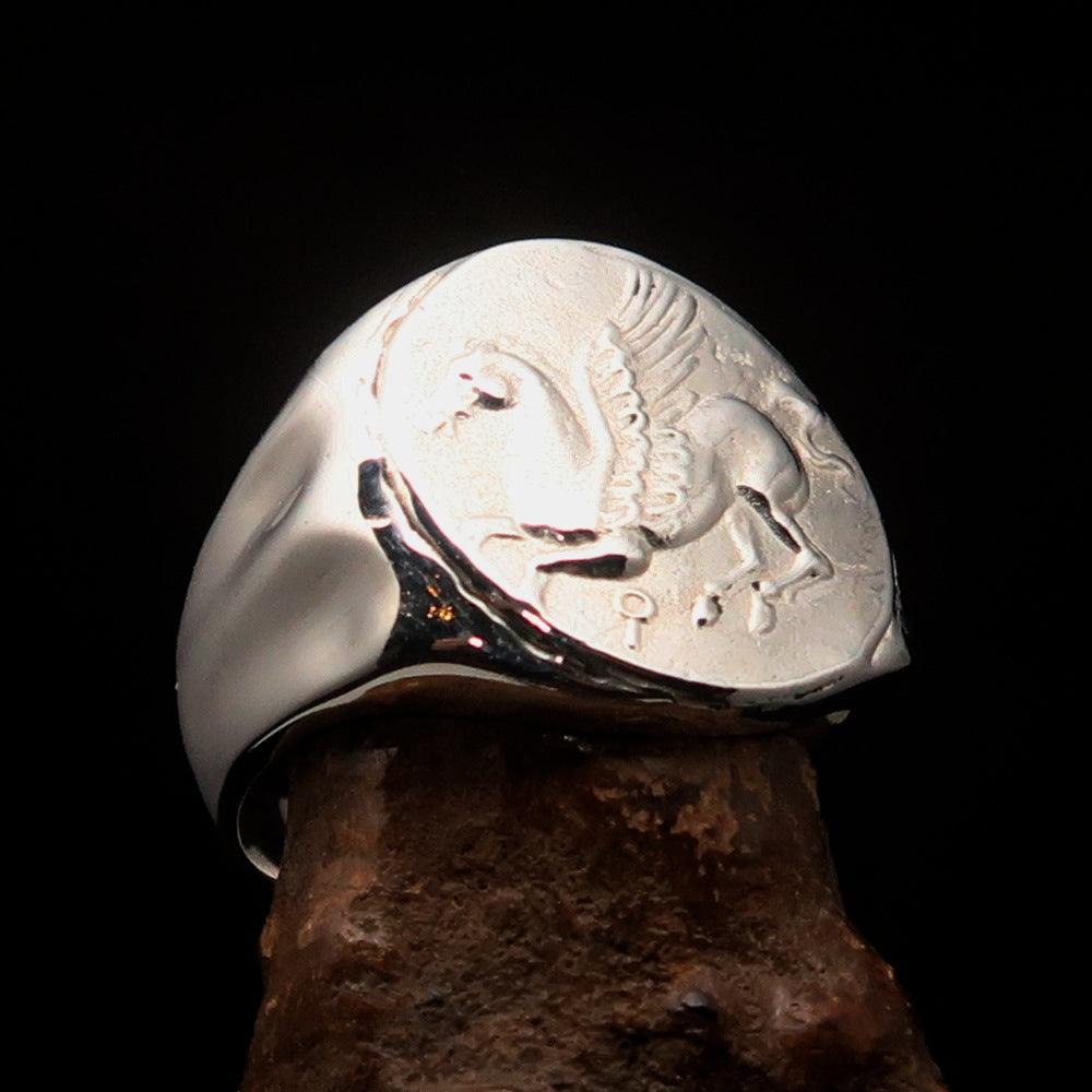 Men's Sterling Silver Corinthian Pegasus Coin Ring featuring a high-polished finish and engraved RCRN logo.