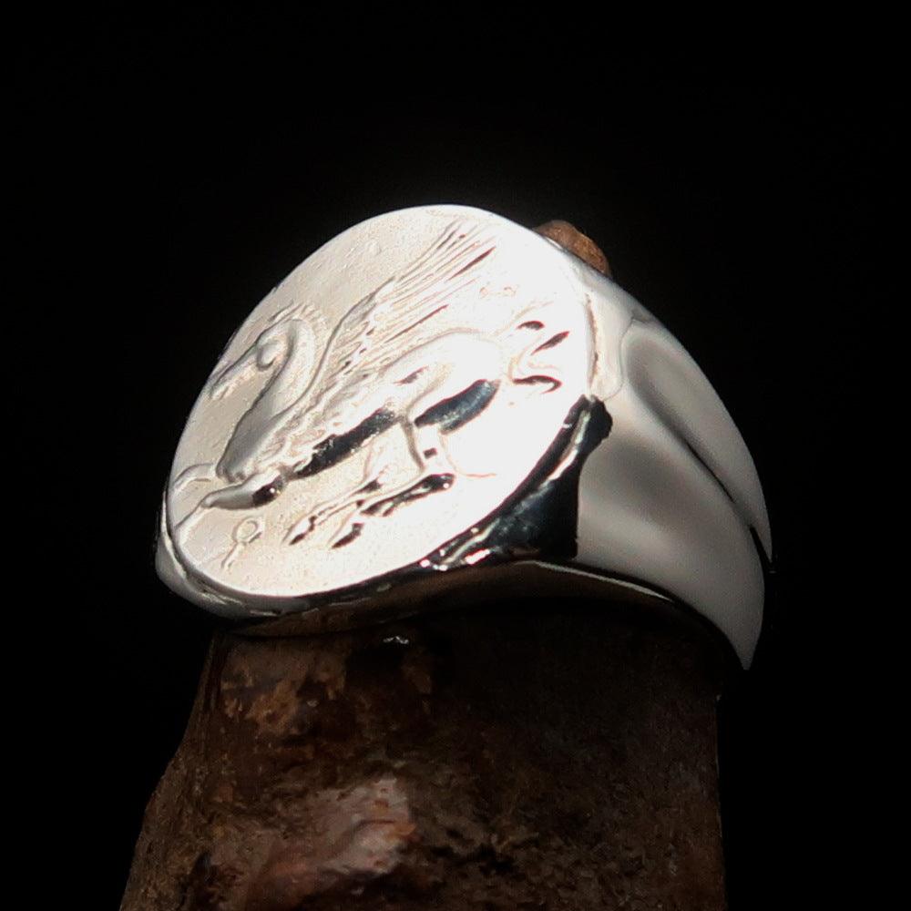 Men's Sterling Silver Corinthian Pegasus Coin Ring featuring a high-polished finish and engraved RCRN logo.