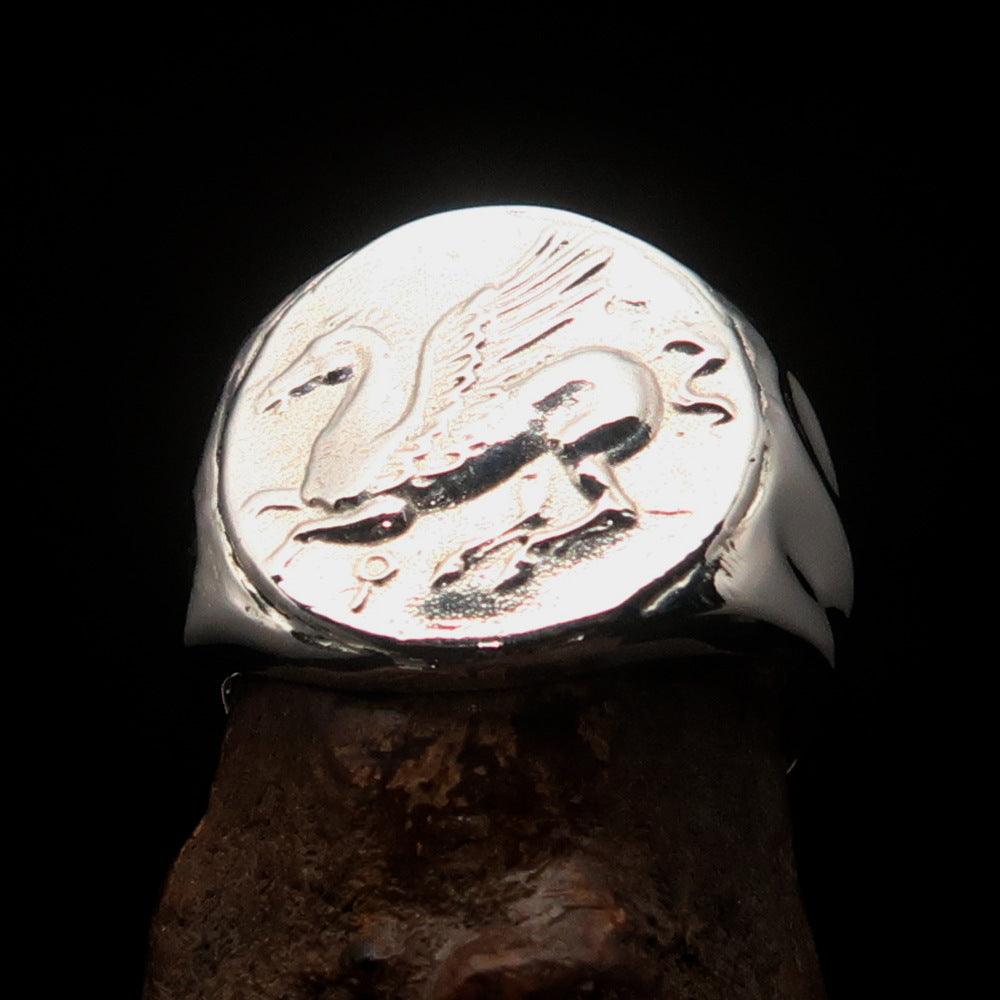 Men's Sterling Silver Corinthian Pegasus Coin Ring featuring a high-polished finish and engraved RCRN logo.