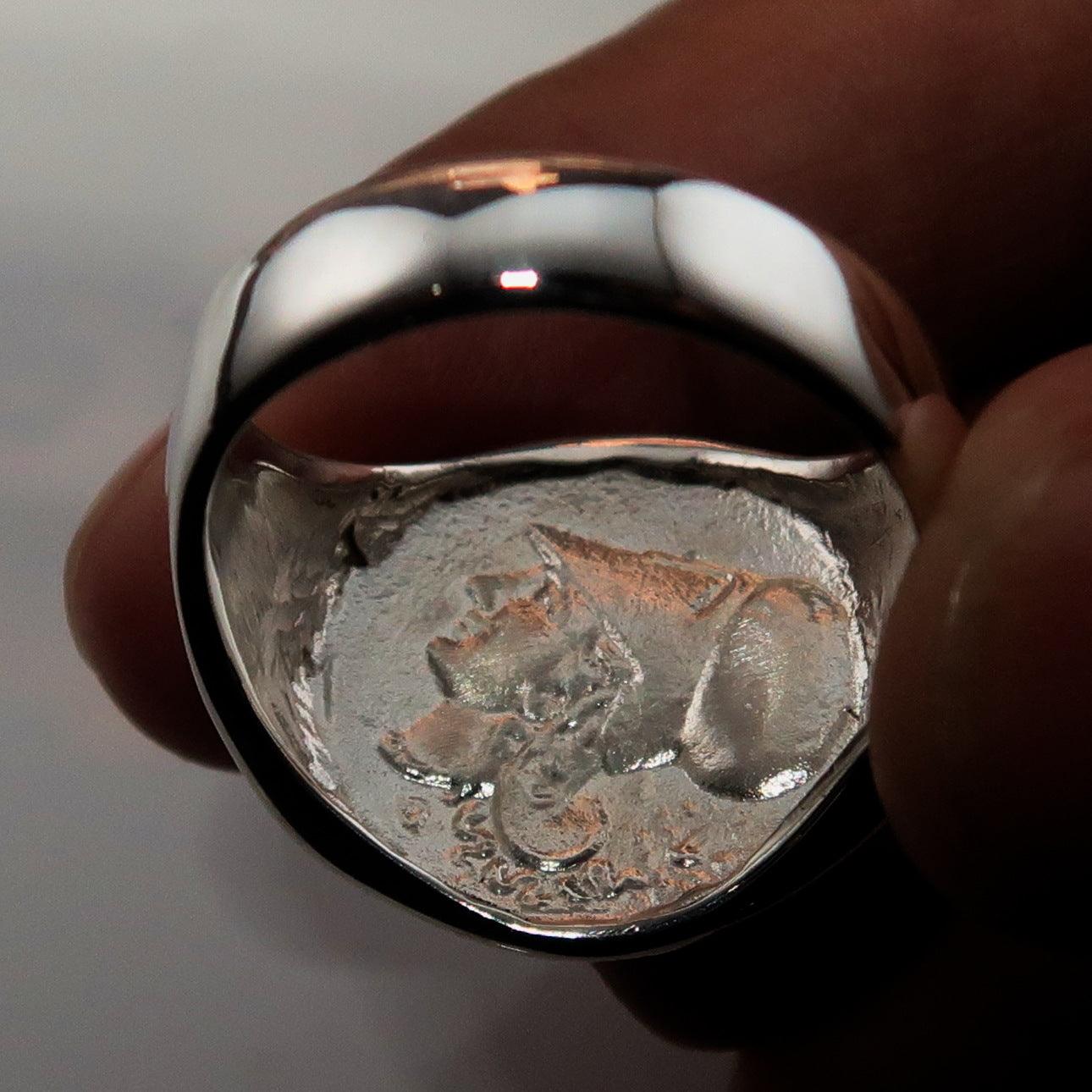 Men's Sterling Silver Corinthian Pegasus Coin Ring featuring a high-polished finish and engraved RCRN logo.