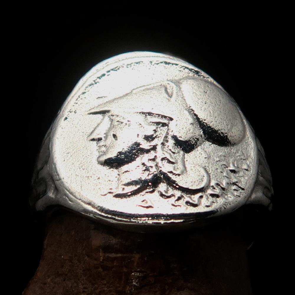 Men's sterling silver ring featuring Greek Goddess Athena design, high polished finish, and hallmarked 925 for authenticity.