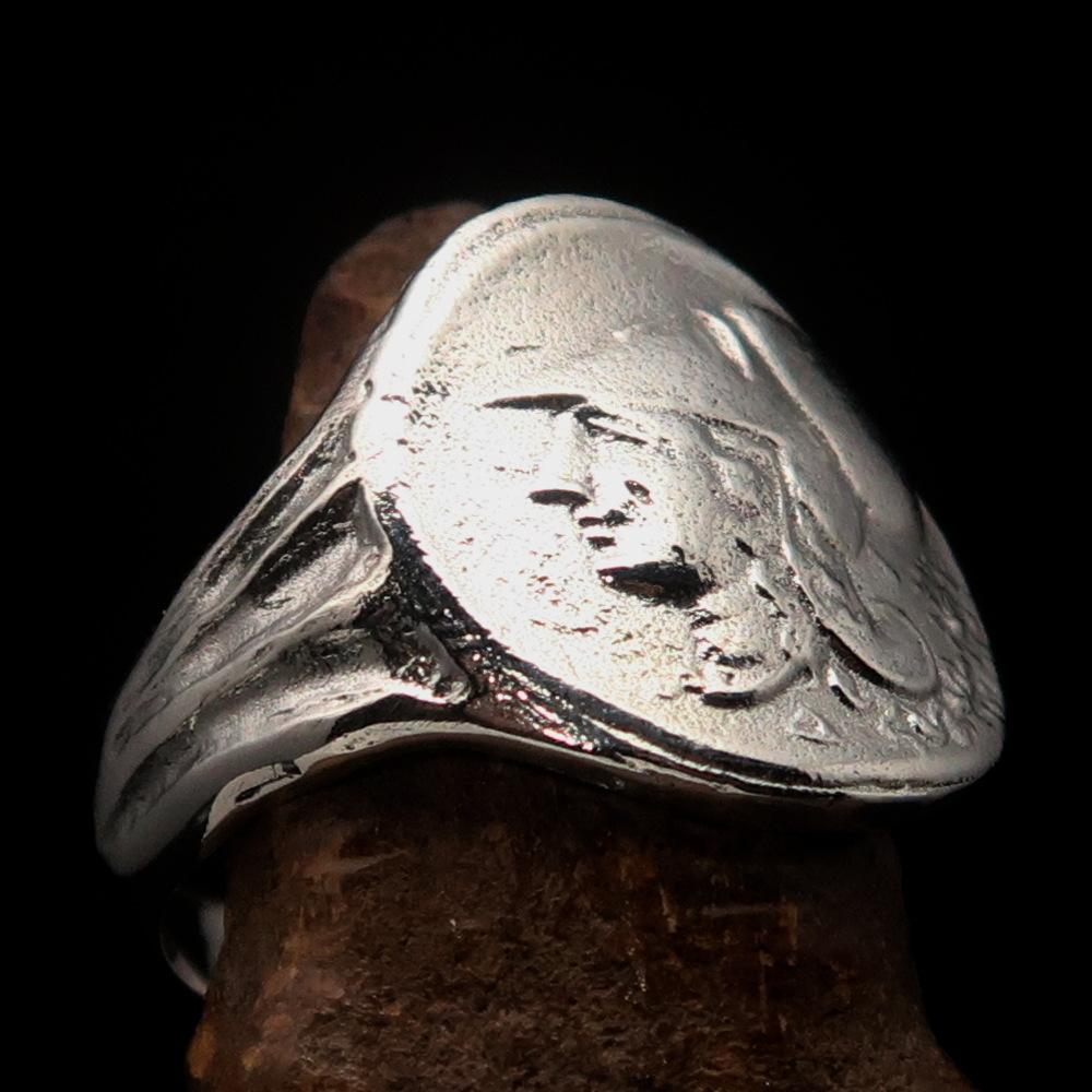 Men's sterling silver ring featuring Greek Goddess Athena design, high polished finish, and hallmarked 925 for authenticity.