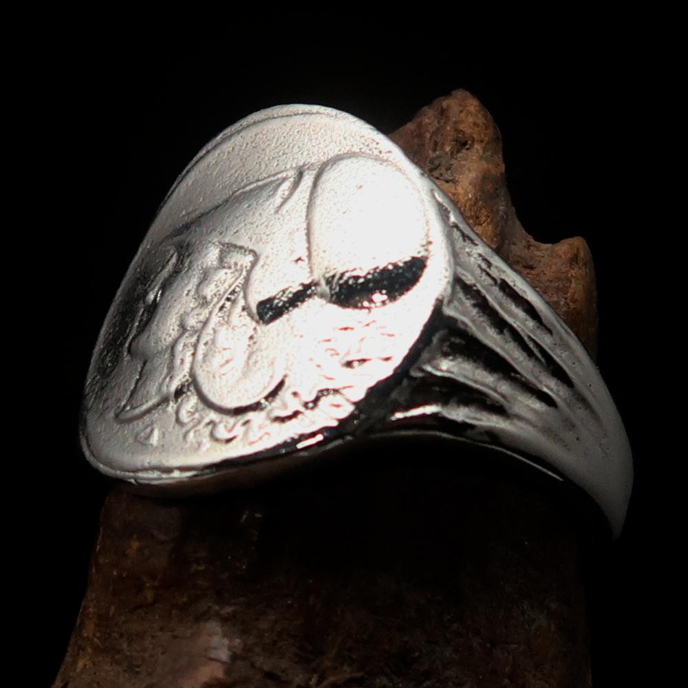 Men's sterling silver ring featuring Greek Goddess Athena design, high polished finish, and hallmarked 925 for authenticity.