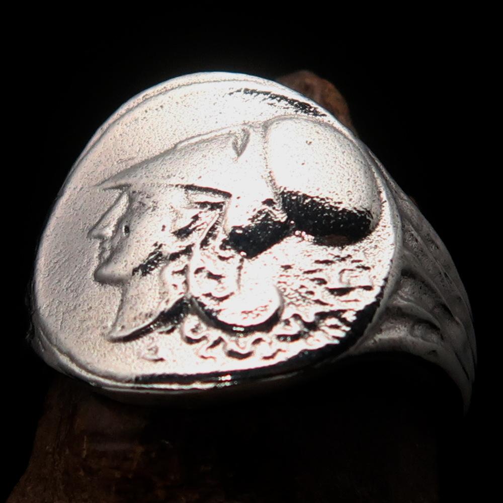 Men's sterling silver ring featuring Greek Goddess Athena design, high polished finish, and hallmarked 925 for authenticity.