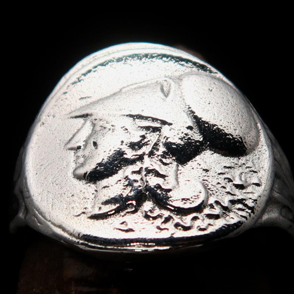 Men's sterling silver ring featuring Greek Goddess Athena design, high polished finish, and hallmarked 925 for authenticity.