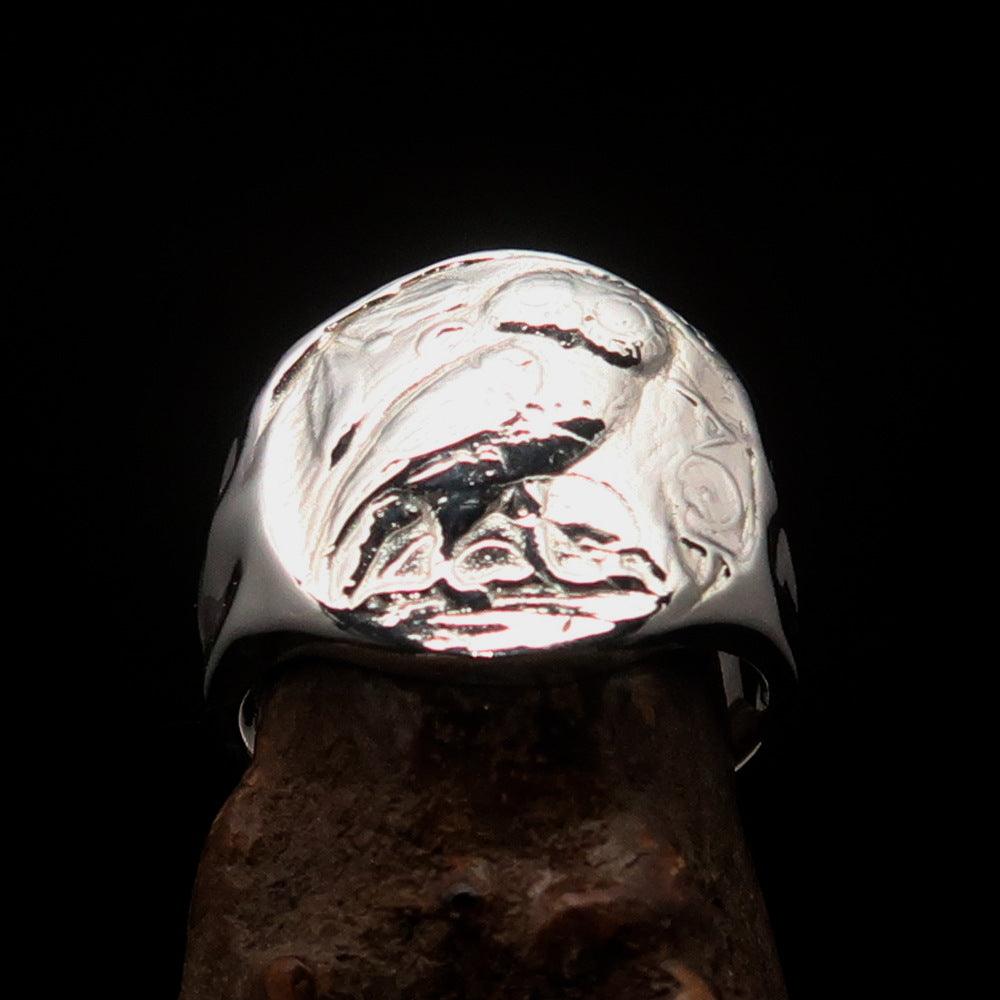 Men's sterling silver ring featuring an ancient Greek Drachma coin design with an owl motif, polished finish, and hallmarked 925.