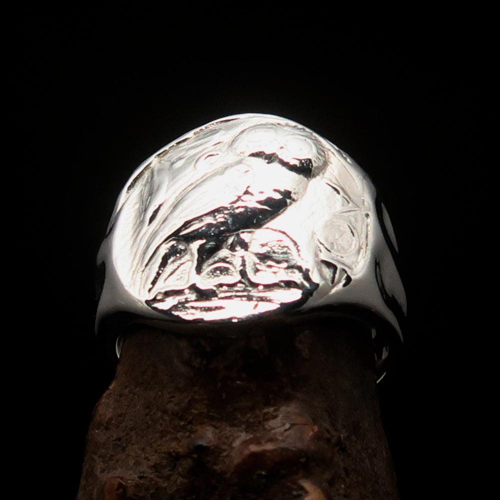 Men's sterling silver ring featuring an ancient Greek Drachma coin design with an owl motif, polished finish, and hallmarked 925.